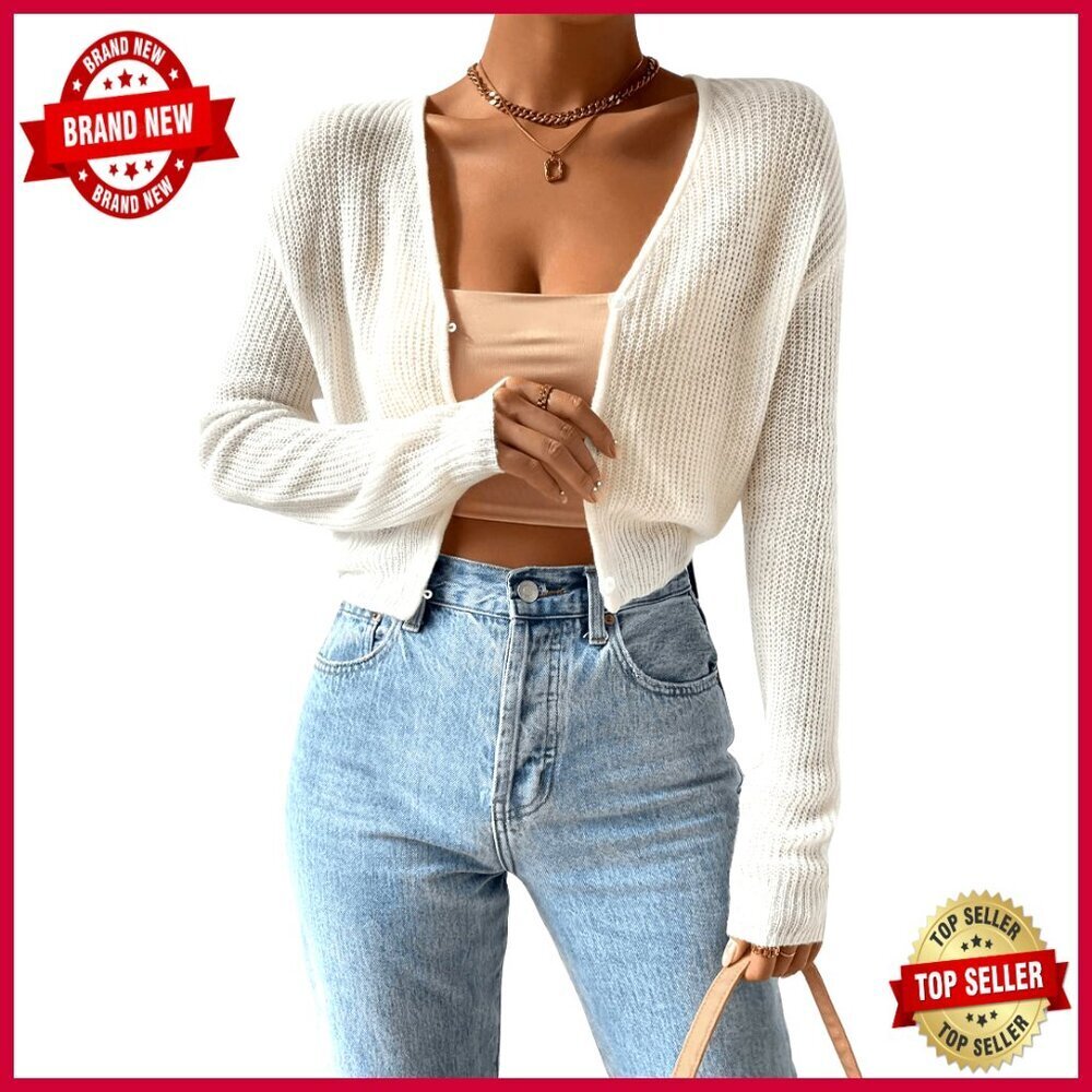 Long Sleeve Drop Shoulder Button Cardigan Sweater Size S Acrylic Knit